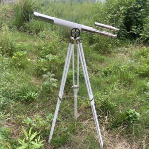 Personalized Brass Spyglass on White Tripod: Vintage Nautical Decor