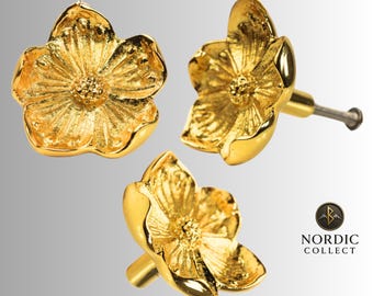 Gold Flower Cabinet Knobs, Solid Brass Dresser Drawer Pulls