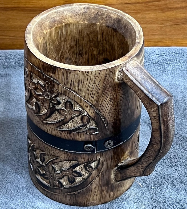 Vintage-Inspired Wooden Mug with Floral Carving & Black Metal Strap – Handcrafted Modern Tankard image 5