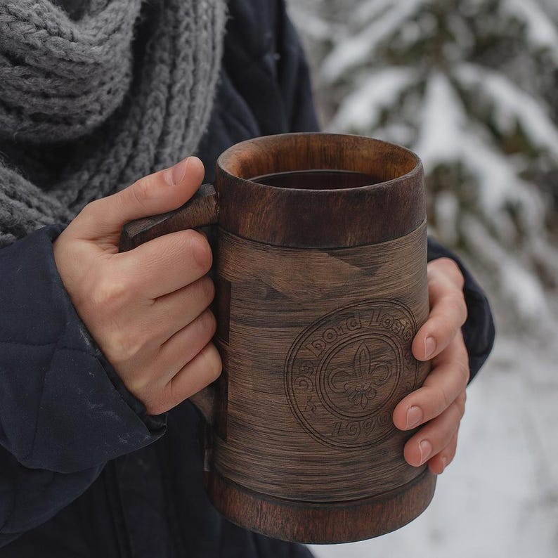 Personalized Viking Beer Mug: Rustic Wooden Tankard with Leather Wrap image 1