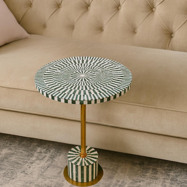 Handmade Bone Inlay Side Table | Green & White Striped Accent Table