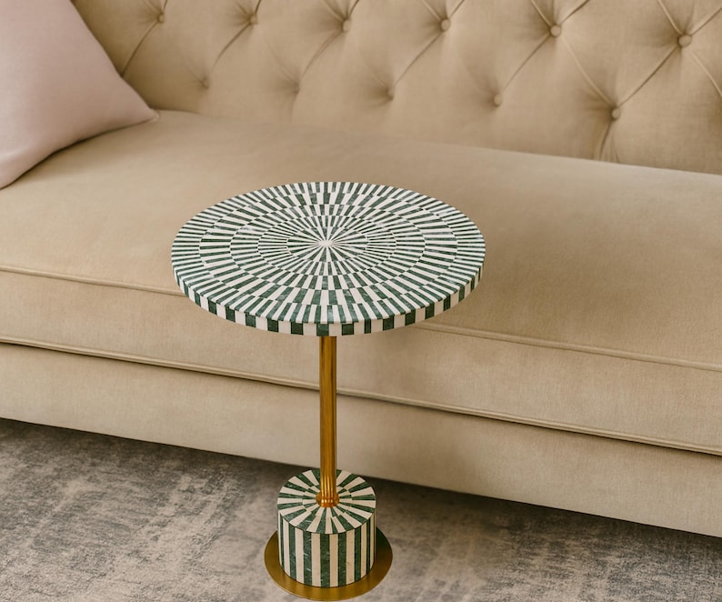 Handmade Bone Inlay Side Table | Green & White Striped Accent Table image 1