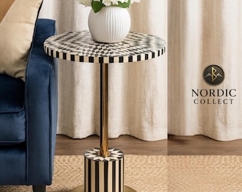 Black & White Bone Inlay Side Table | Handmade Geometric Round Accent Table | Modern Luxe Home Decor