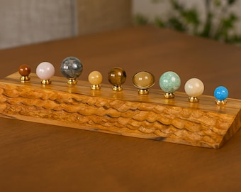Hand Carved Wooden Solar System Model | Gemstone Planets, Brass Holders, Space Decor