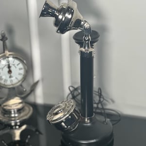 Retro Nickel Finish Rotary Dial Telephone | Black Candlestick, Wired Landline Decor