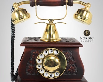 Vintage Messing Wählscheibe Telefon: Geschnitzte Holz Basis, Retro Dekor