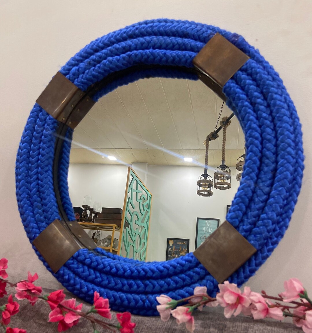 Blue Wrapped Rope Round Mirror With Wooden Base Nautical Wall Hanging ...