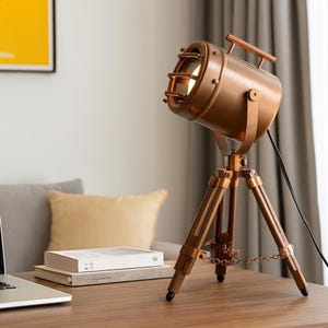 Vintage Copper Tripod Spotlight Floor Lamp: Nautical Industrial Decor