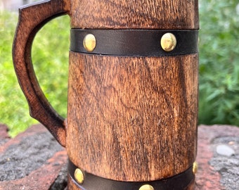 Wooden Tankard Mug Barrel Mug for Men Women Coffee Black Leather Strip Mug Beer Tankard Mugs Natural Drinking Stein Home & Kitchen Decor