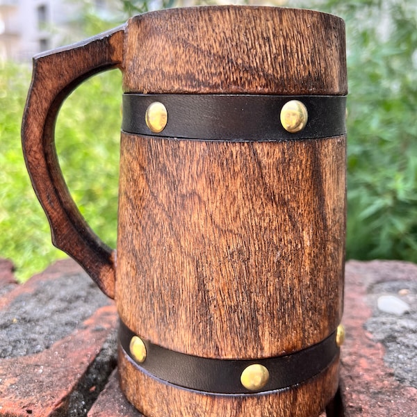 Wooden Tankard Mug Barrel Mug for Men Women Coffee Black Leather Strip Mug Beer Tankard Mugs Natural Drinking Stein Home & Kitchen Decor