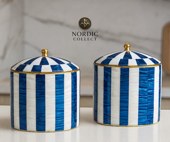 Handmade Mother of Pearl Jar with Lid Blue White Striped Decorative Storage Container, Coastal Kitchen Decor, Modern Home Accessories