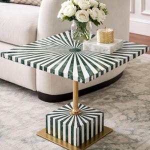 Handmade green & White Bone Inlay Square Side Table | Boho Home Decor | Moroccan Style Bedside Accent Table