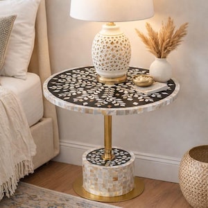 Tavolino laterale in madreperla nera fatto a mano / Arredamento boho per la casa / Tavolino rotondo in stile marocchino