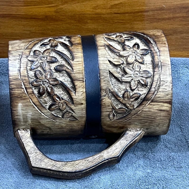 Vintage-Inspired Wooden Mug with Floral Carving & Black Metal Strap – Handcrafted Modern Tankard image 3