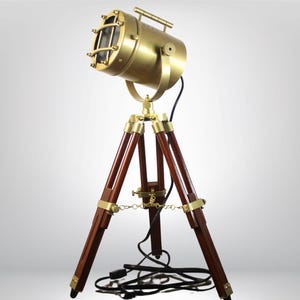 Vintage Brass Searchlight Floor Lamp: Nautical Wooden Tripod Spotlight