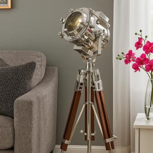Vintage Nautical Personalized Spotlight Brown Tripod Decorative Searchlight Home Decor Antique Morse Code Lamp Collectible Nickel Finish