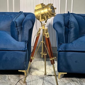 Vintage Brass LED Spotlight Floor Lamp: Nautical Tripod Searchlight