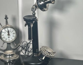 Vintage Telefon mit Wählscheibe - Retro Nickel Finish Kerzenständer Telefon | Antiker Stil Schreibtisch Dekor | Viktorianischer Home Office Akzent