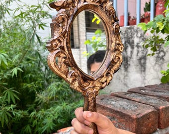Hand Carved Wooden Handheld Mirror: Floral Vintage Vanity Decor