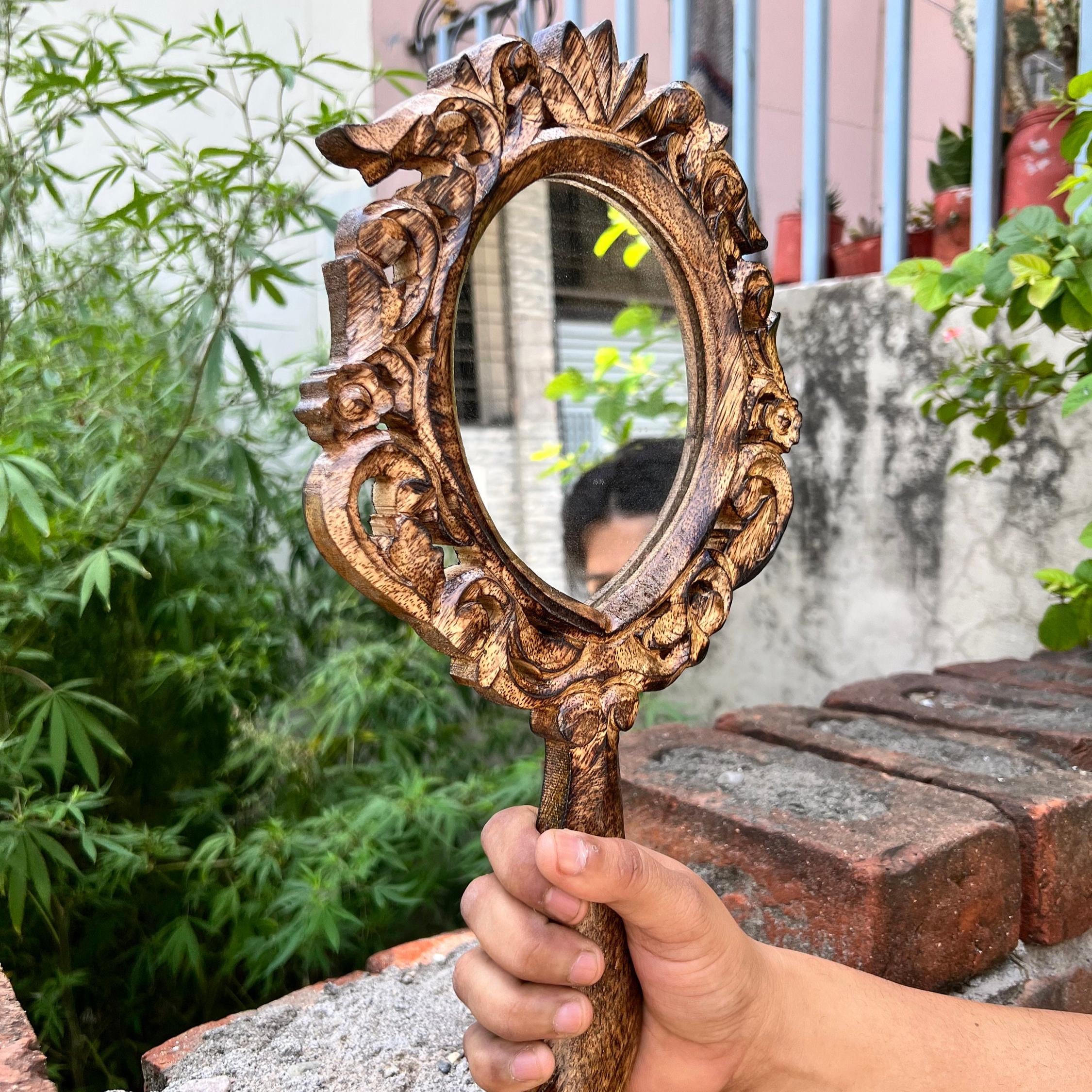 Hand Carved Wooden Handheld Mirror: Floral Vintage Vanity Decor - Etsy