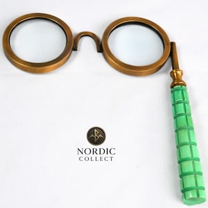 Vintage Brass Magnifying Glass: Green Handle, Double Lens, Steampunk Decor