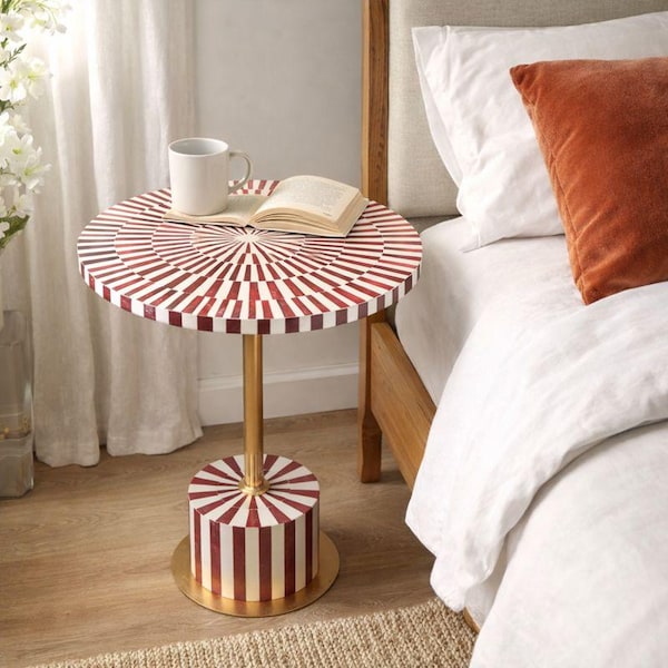 Handcrafted Bone Inlay Side Table - Red & White Accent Table with Brass Base ,