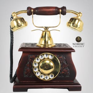 Vintage Brass Rotary Telephone: Carved Wood Base, Retro Decor