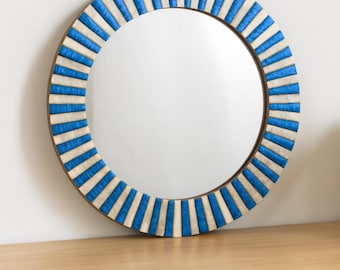 Handmade Bone Inlay Round Mirror Blue White Striped Wall Accent Bedroom Living Room Decor