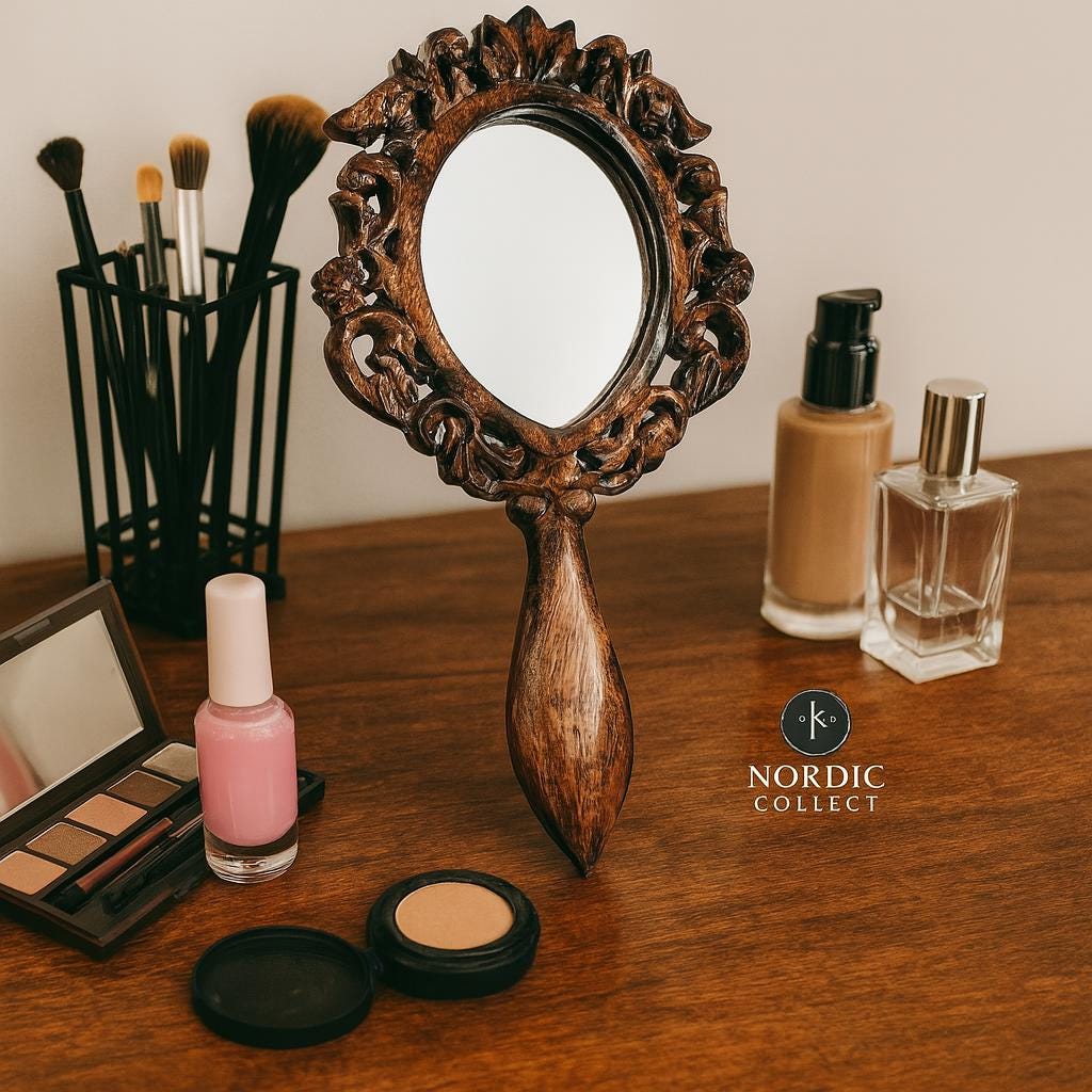 Hand Carved Wooden Hand Mirror, Vintage Floral Vanity Mirror
