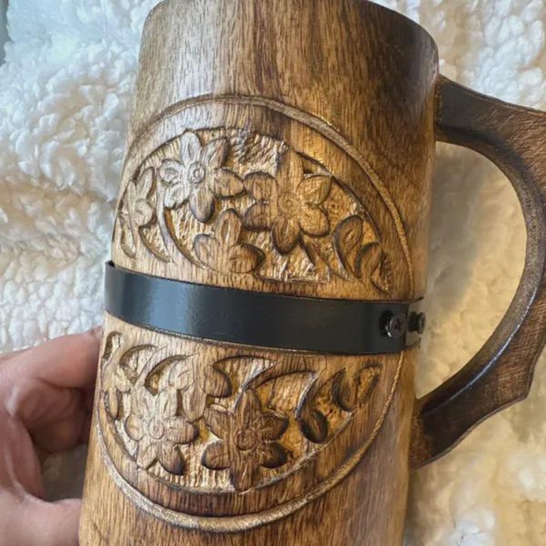 Vintage-Inspired Wooden Mug with Floral Carving & Black Metal Strap – Handcrafted Modern Tankard image 7