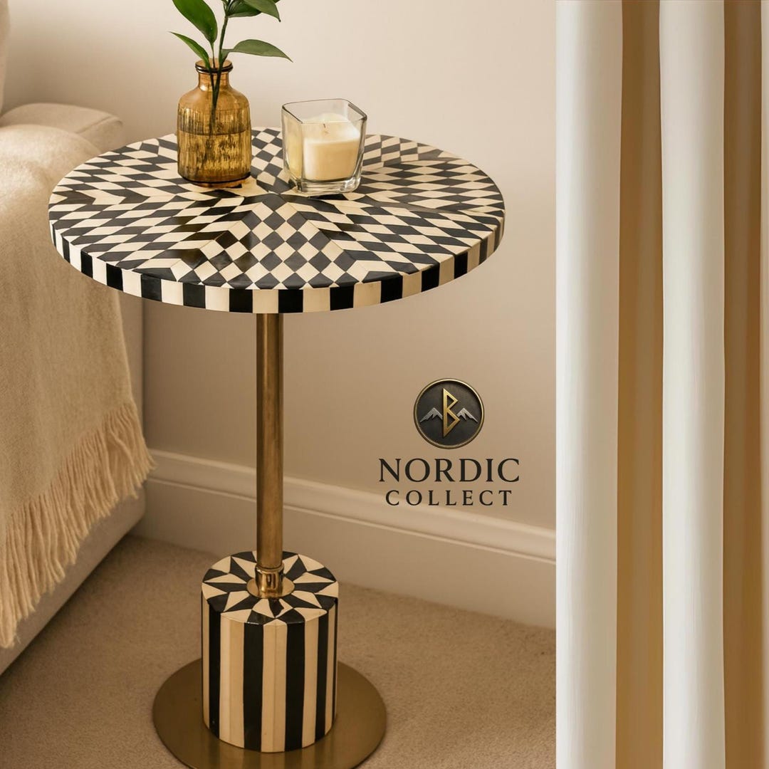 Handmade Black & White Inlay Round Side Table – Modern Geometric Accent ...
