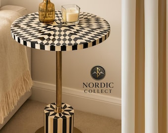 Handmade Black & White Inlay Round Side Table – Modern Geometric Accent Furniture Home Decor