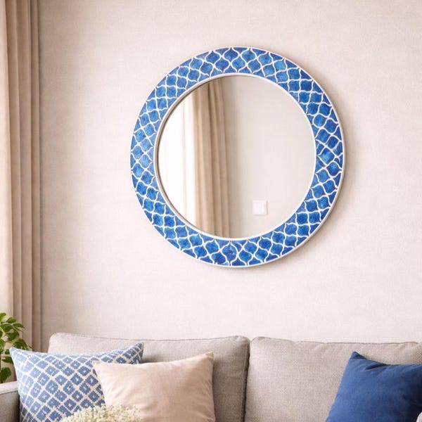 Handmade Blue Bone Inlay Round Mirror – Moroccan Boho Wall Decor