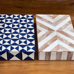 Handmade Multicolor Bone Inlay Box Set – Geometric Chevron Jewelry Boxes (Set of 2)