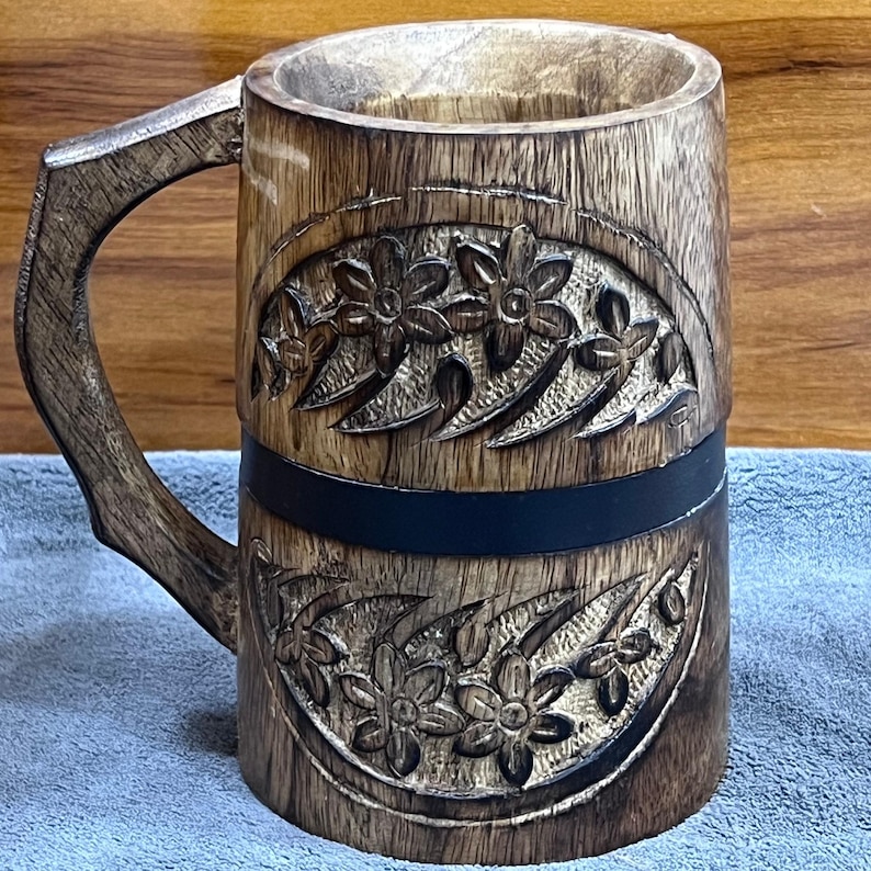Vintage-Inspired Wooden Mug with Floral Carving & Black Metal Strap – Handcrafted Modern Tankard image 4