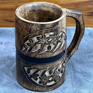 Vintage-Inspired Wooden Mug with Floral Carving & Black Metal Strap – Handcrafted Modern Tankard image 6
