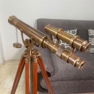 Custom Brass Double Barrel Telescope on Tripod Vintage Nautical Spyglass Steampunk Explorer Decor Maritime Gift Office Display Collectible
