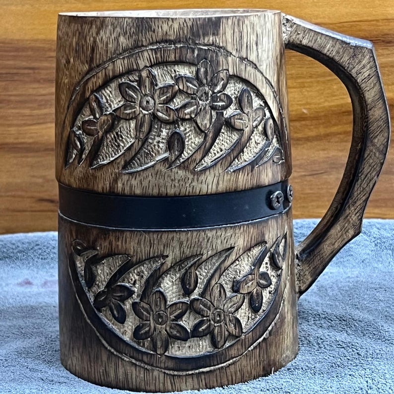 Vintage-Inspired Wooden Mug with Floral Carving & Black Metal Strap – Handcrafted Modern Tankard image 2