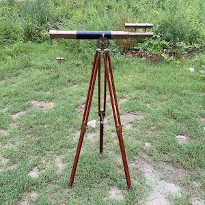 Vintage Brass Spyglass Telescope on Wooden Tripod – Nautical Steampunk Decor | Retro Gift Idea for Men | Personalized Maritime Accent