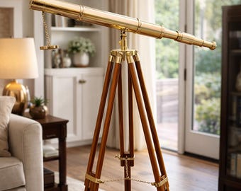 Telescopio in ottone con treppiede in legno / Decorazione nautica artigianale / Idea regalo per casa e ufficio