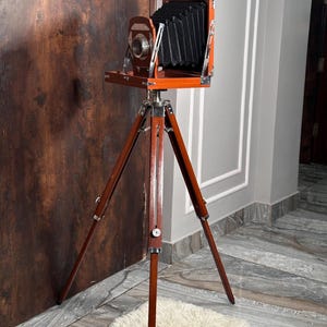 Antique Vintage Look Wooden Film Camera With Wooden Tripod