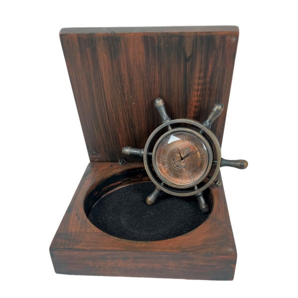 Reloj con rueda de barco, caja de madera marrón, colección artesanal, reloj con esfera de cobre, decoración náutica, reloj de bolsillo, tapa portátil