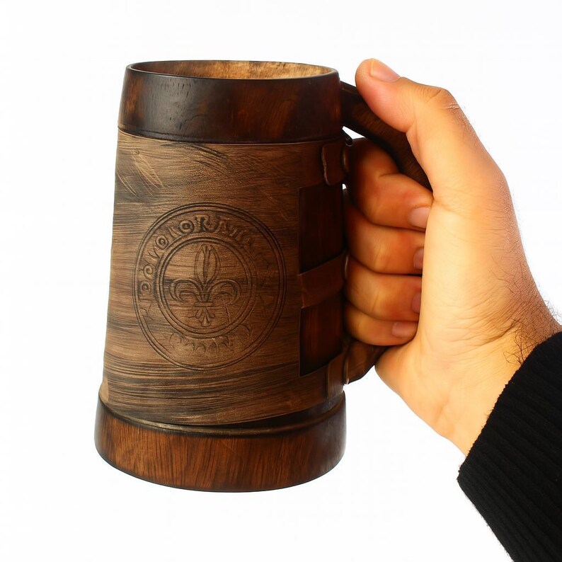 Personalized Viking Beer Mug: Rustic Wooden Tankard with Leather Wrap image 10