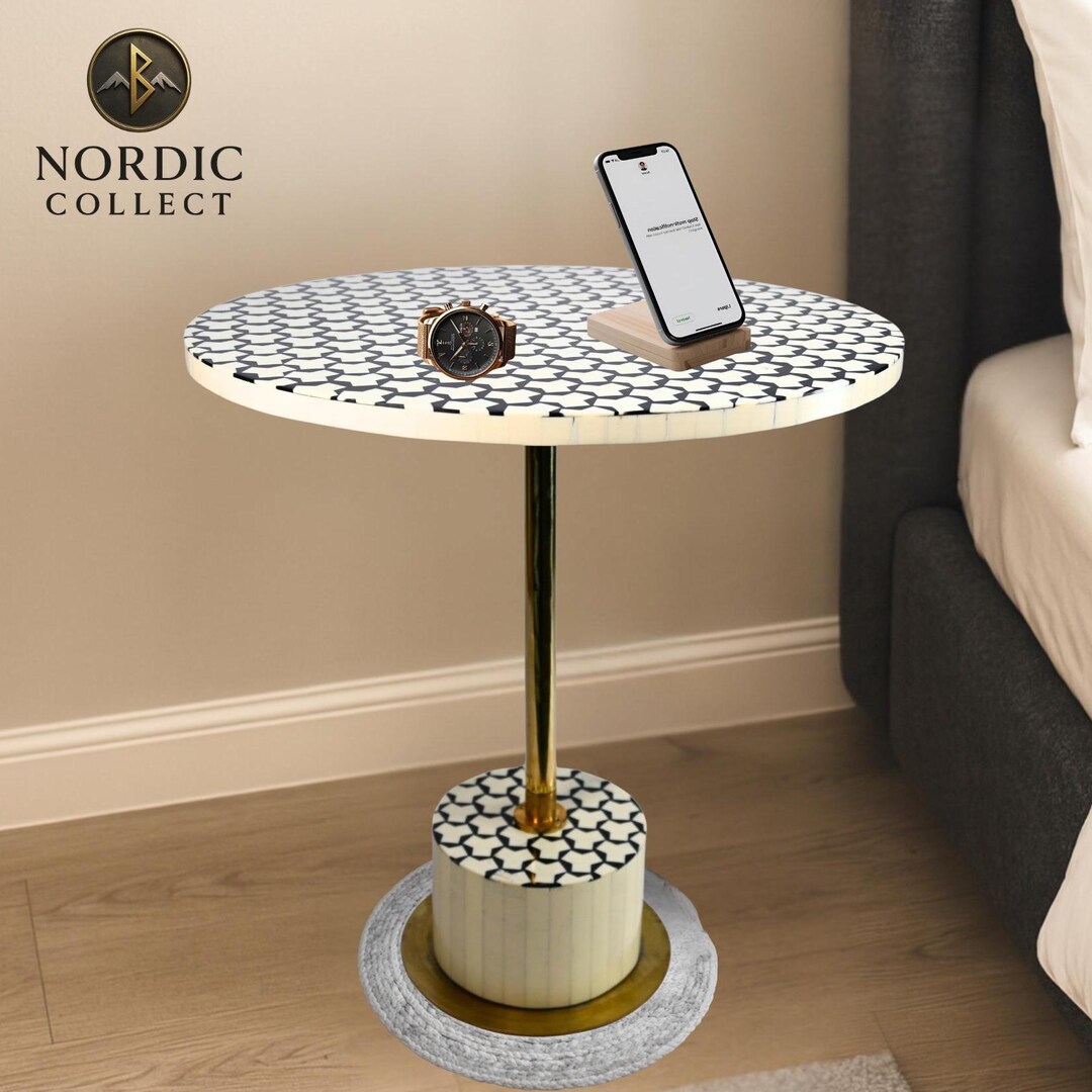 Handmade Bone Inlay Side Table Black White Geometric Round Accent Table ...