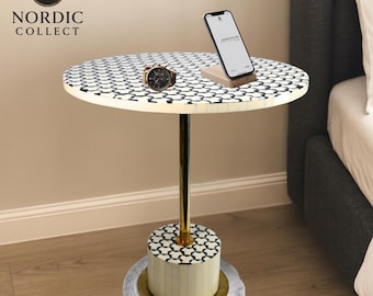 Handmade Bone Inlay Side Table Black White Geometric Round Accent Table with Brass Base | Modern Bedside Living Room Furniture