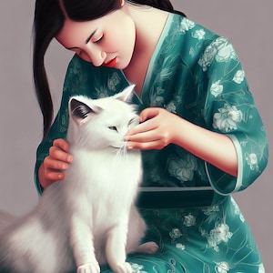 Könnte beinhalten: Eine Frau in einem grünen, floralen Kimono streichelt sanft eine weiße Katze. Die Katze sitzt auf ihrem Schoß und schaut sie an.