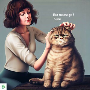 Könnte beinhalten: Illustration einer Person, die einer Katze eine Ohrmassage gibt. Die Katze ist ein großer, flauschiger Tabby mit grünen Augen und einem mürrischen Gesichtsausdruck. Der Text "Ear massage? Sure" steht über der Katze.