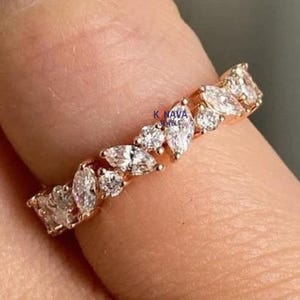 Moissanite Diamond Rose Gold Band: Marquise & Round Half Eternity Stacking Ring