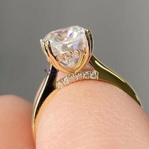 2.5CT Cushion Cut Moissanite Ring: 14K Yellow Gold Hidden Accent Promise Ring