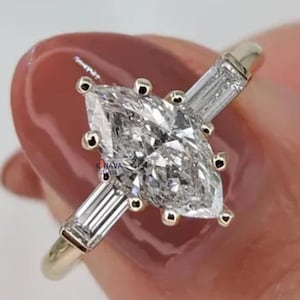 1CT Marquise Cut Moissanite Three Stone Ring Side Stone Baguette Cut Ring Minimalist Diamond Ring Bridal Jewelry For Women Gift For Her